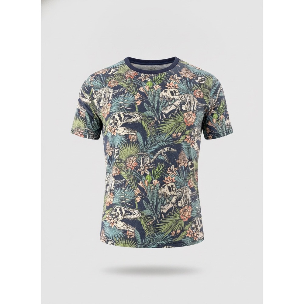 Jurassic Park Mens Navy All Over Print Dinosaur Skeleton Floral T-Shirt Size M